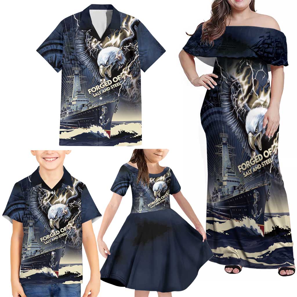 Navy Veteran 250th Anniversary Family Matching Off Shoulder Maxi Dress and Hawaiian Shirt Forged Of Salt And Steel - Wonder Print Shop