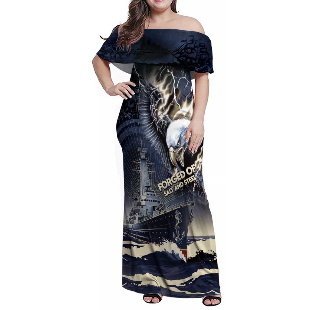 Navy Veteran 250th Anniversary Family Matching Off Shoulder Maxi Dress and Hawaiian Shirt Forged Of Salt And Steel - Wonder Print Shop