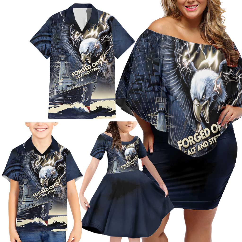 Navy Veteran 250th Anniversary Family Matching Off Shoulder Short Dress and Hawaiian Shirt Forged Of Salt And Steel - Wonder Print Shop