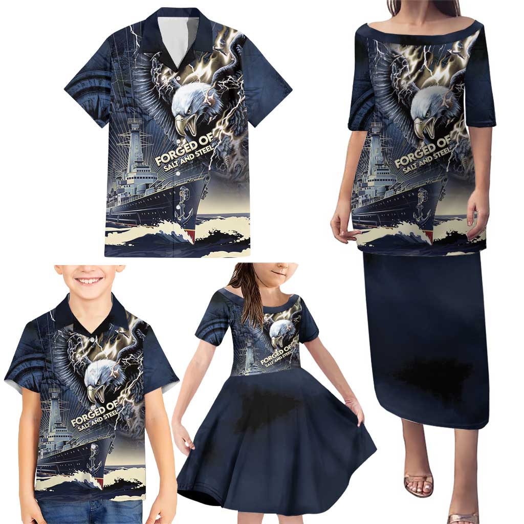 Navy Veteran 250th Anniversary Family Matching Puletasi and Hawaiian Shirt Forged Of Salt And Steel - Wonder Print Shop