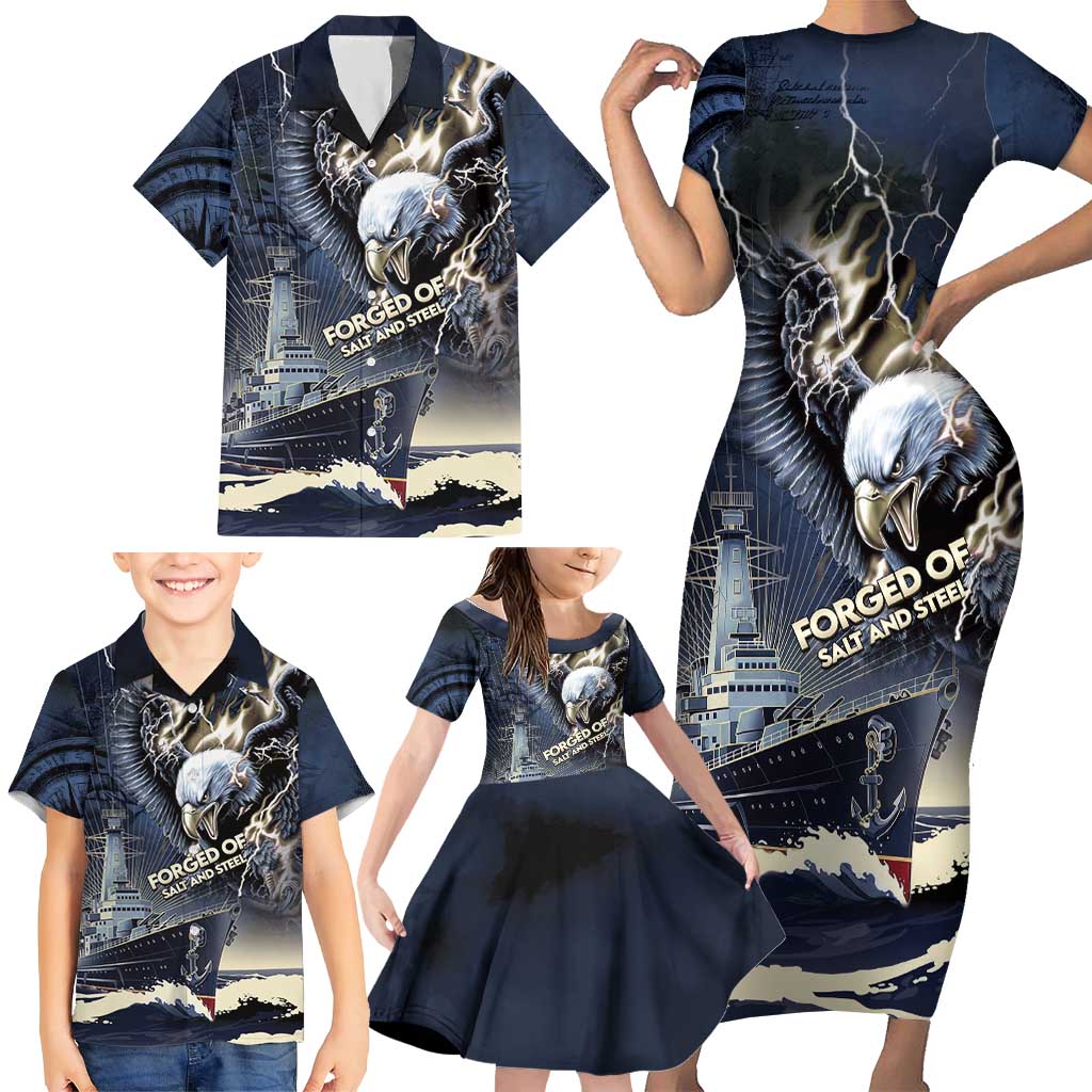 Navy Veteran 250th Anniversary Family Matching Short Sleeve Bodycon Dress and Hawaiian Shirt Forged Of Salt And Steel - Wonder Print Shop