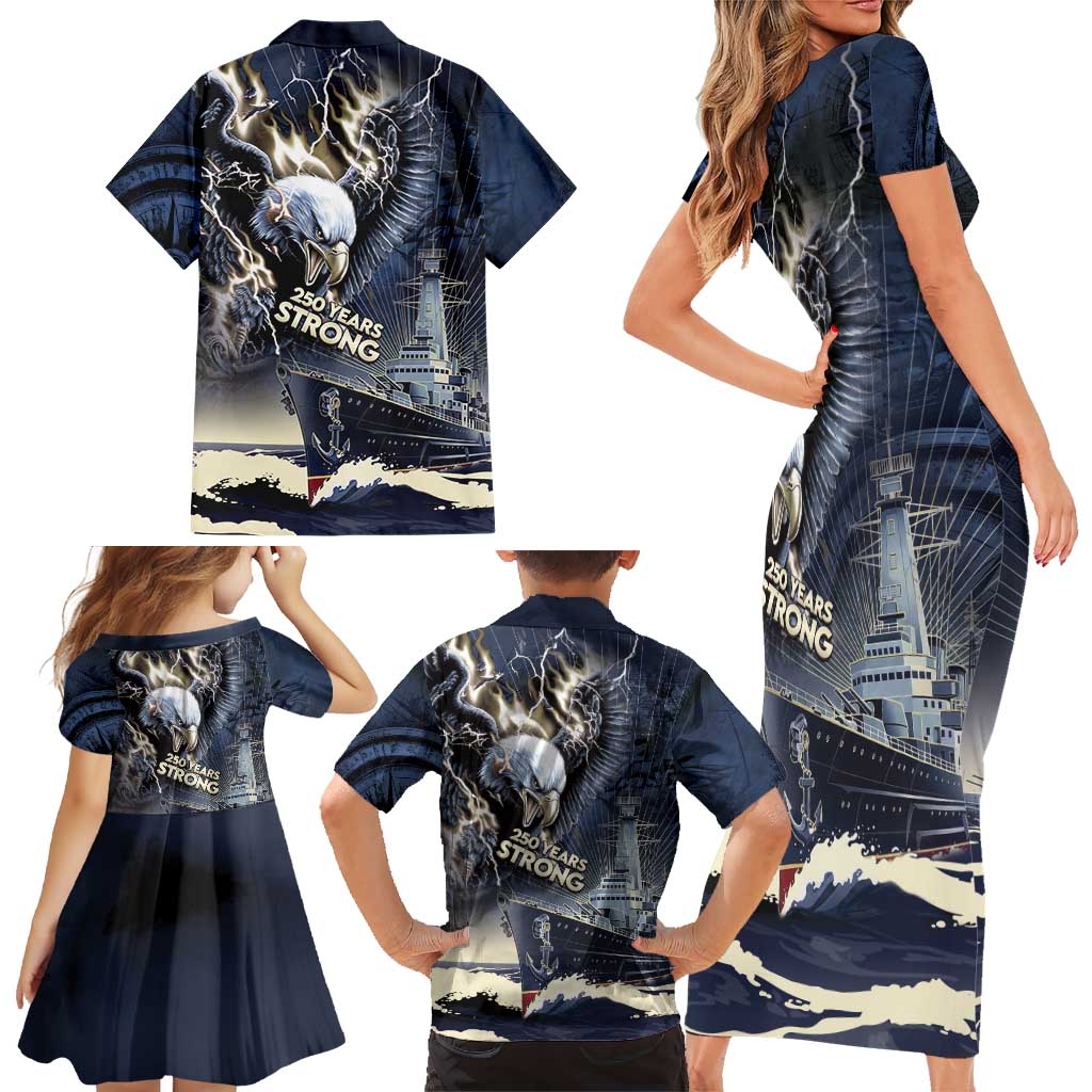 Navy Veteran 250th Anniversary Family Matching Short Sleeve Bodycon Dress and Hawaiian Shirt Forged Of Salt And Steel - Wonder Print Shop