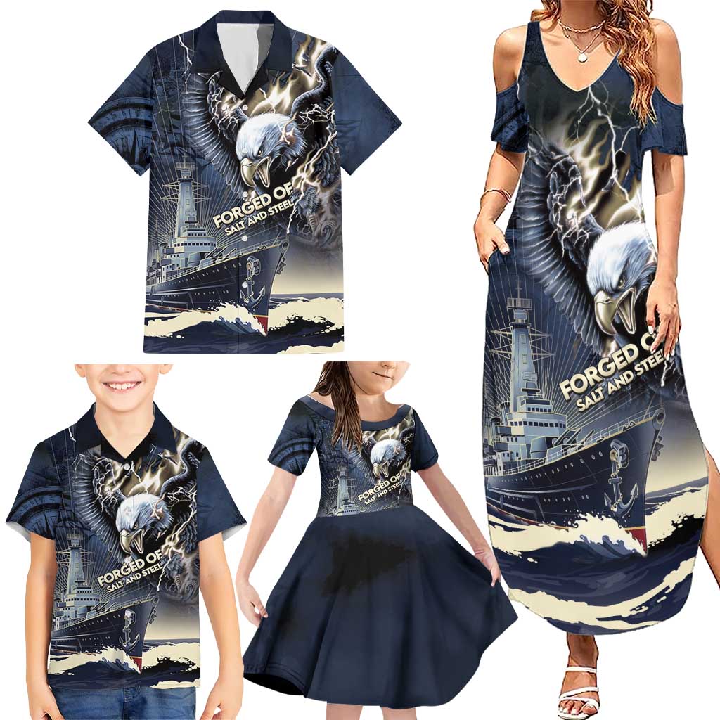 Navy Veteran 250th Anniversary Family Matching Summer Maxi Dress and Hawaiian Shirt Forged Of Salt And Steel - Wonder Print Shop