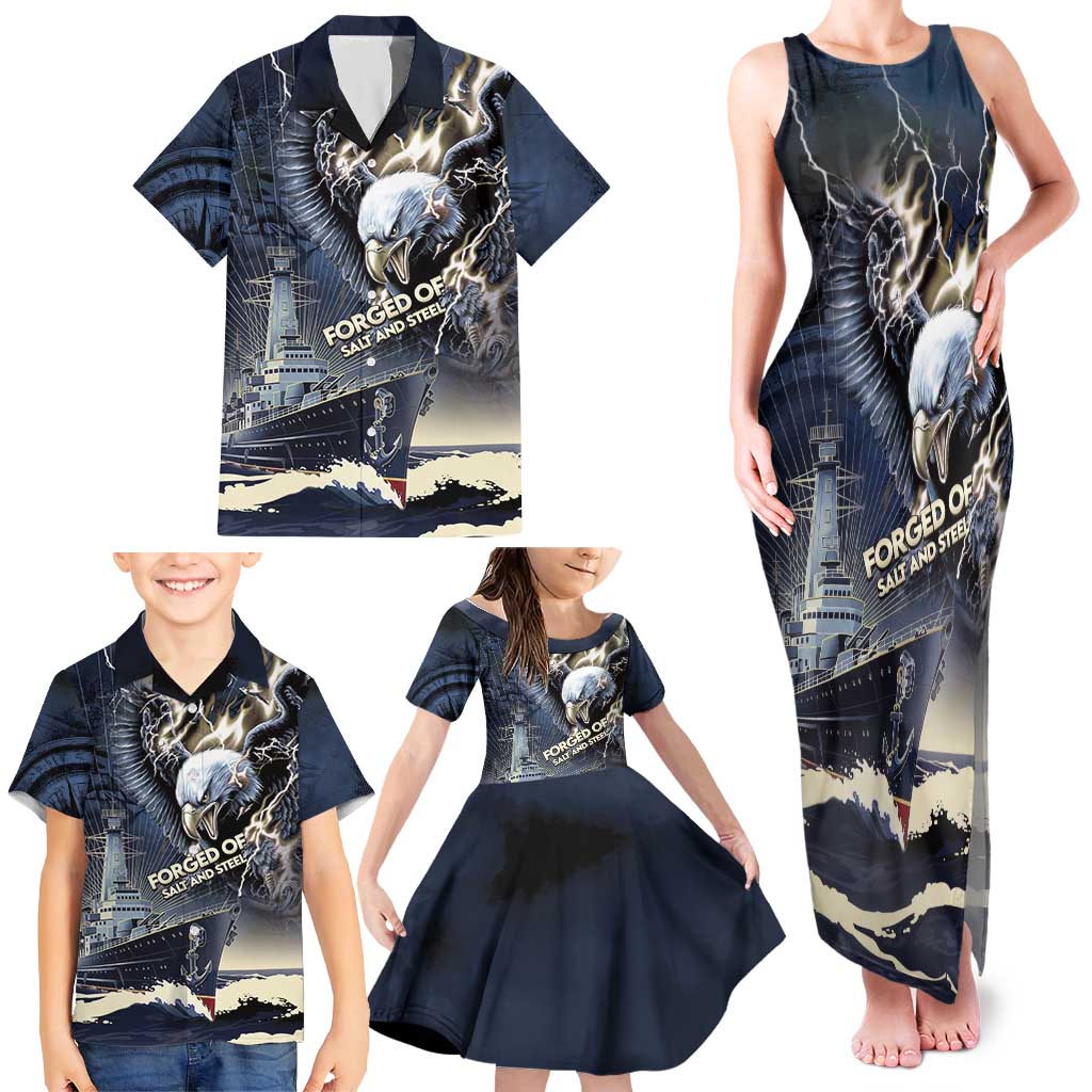 Navy Veteran 250th Anniversary Family Matching Tank Maxi Dress and Hawaiian Shirt Forged Of Salt And Steel - Wonder Print Shop