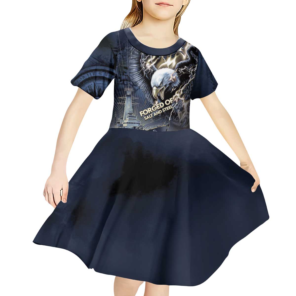 Navy Veteran 250th Anniversary Kid Short Sleeve Dress Forged Of Salt And Steel - Wonder Print Shop