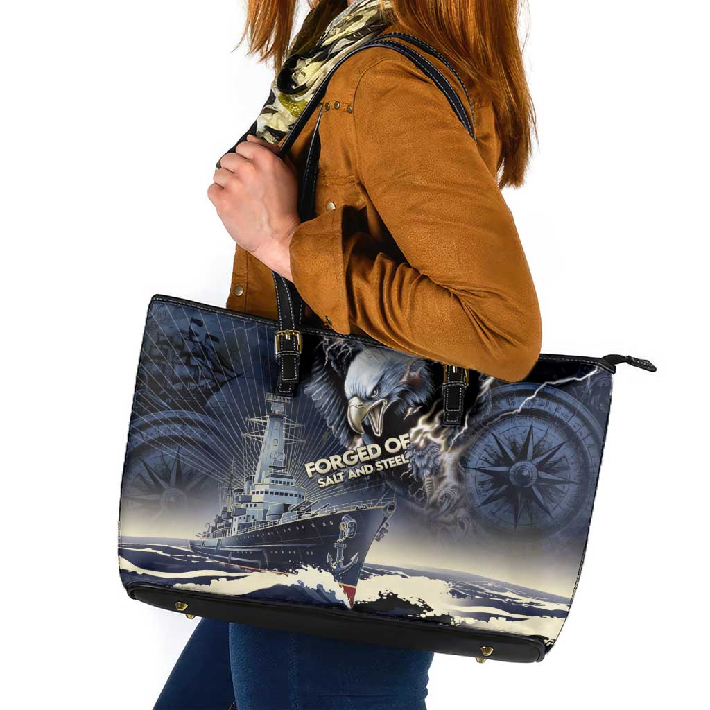 Navy Veteran 250th Anniversary Leather Tote Bag Forged Of Salt And Steel - Wonder Print Shop