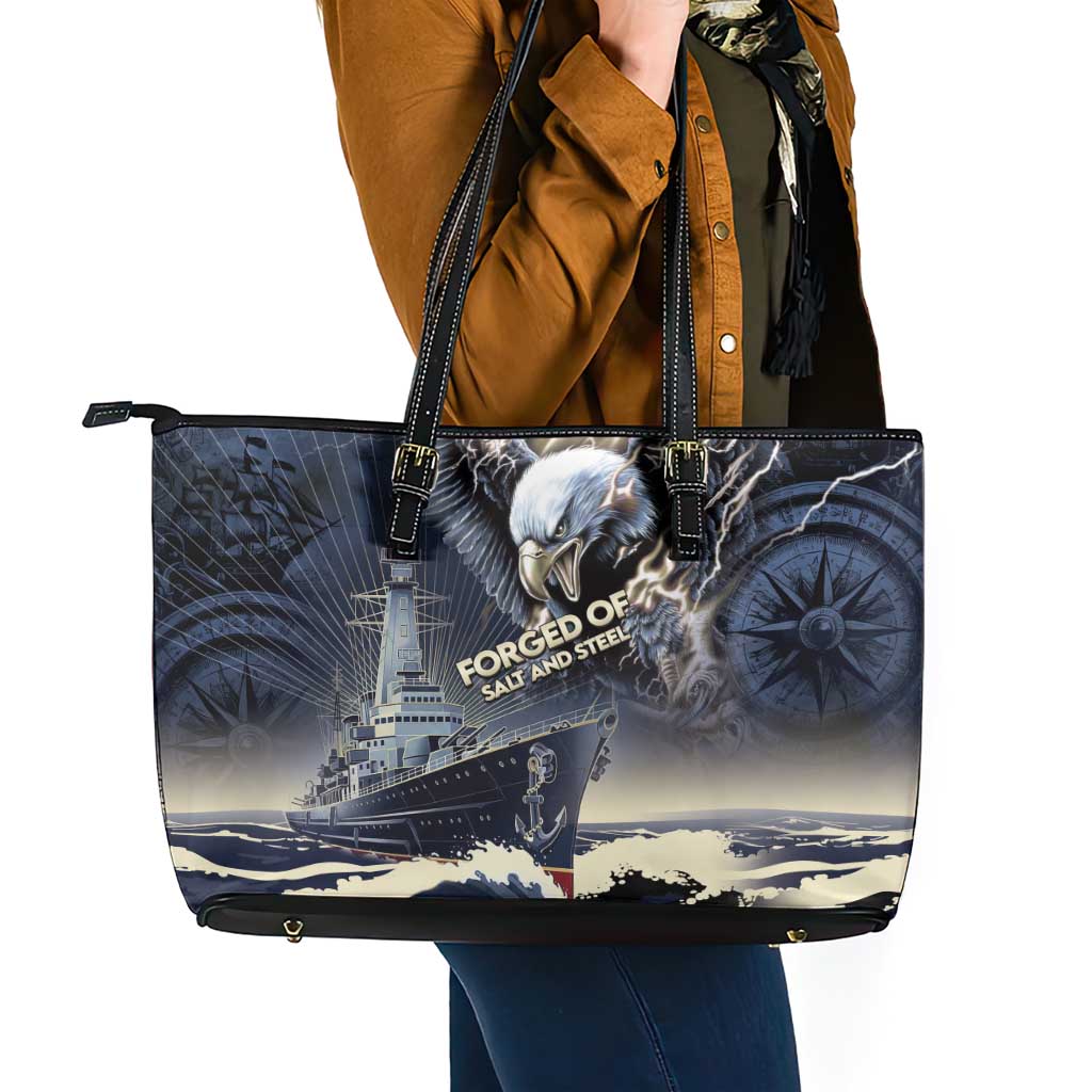Navy Veteran 250th Anniversary Leather Tote Bag Forged Of Salt And Steel - Wonder Print Shop