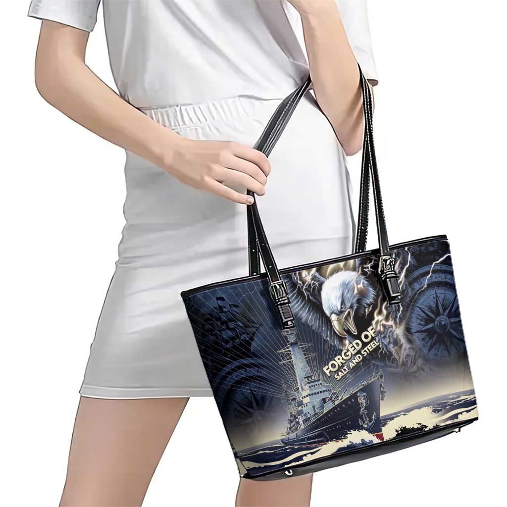 Navy Veteran 250th Anniversary Leather Tote Bag Forged Of Salt And Steel - Wonder Print Shop