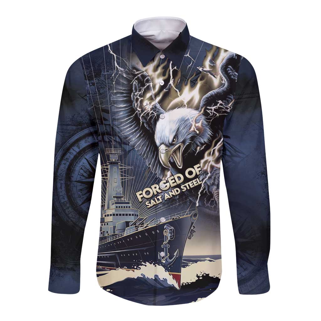 Navy Veteran 250th Anniversary Long Sleeve Button Shirt Forged Of Salt And Steel - Wonder Print Shop