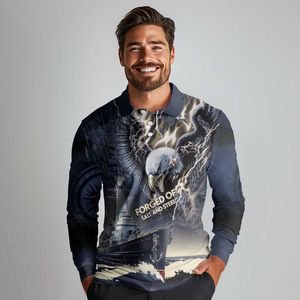 Navy Veteran 250th Anniversary Long Sleeve Polo Shirt Forged Of Salt And Steel - Wonder Print Shop