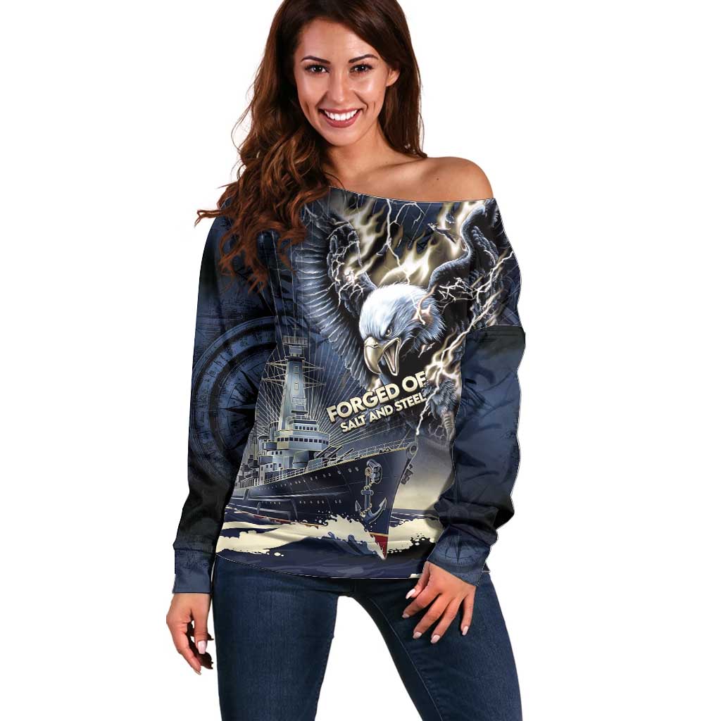 Navy Veteran 250th Anniversary Off Shoulder Sweater Forged Of Salt And Steel - Wonder Print Shop