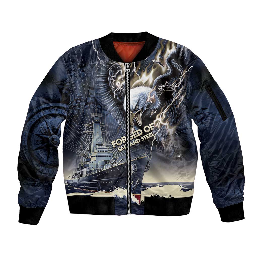 Navy Veteran 250th Anniversary Sleeve Zip Bomber Jacket Forged Of Salt And Steel - Wonder Print Shop
