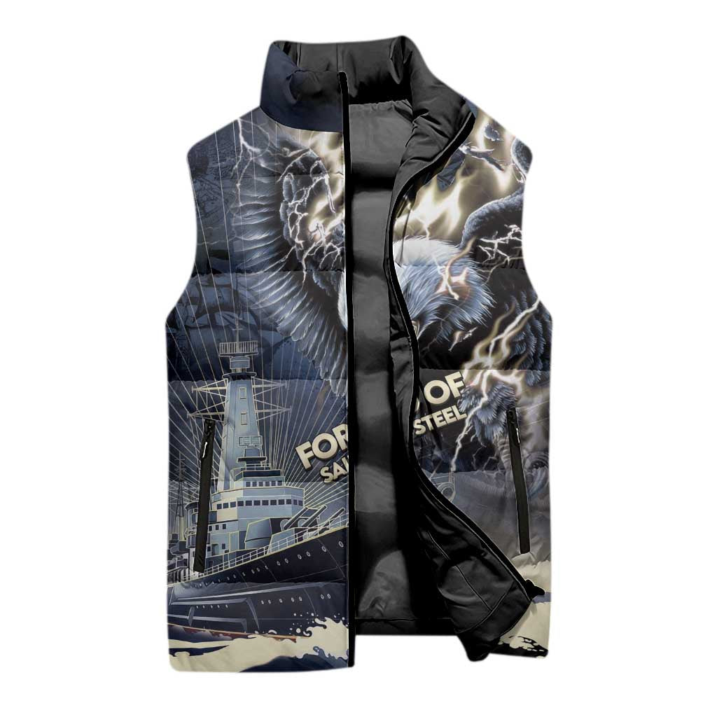 Navy Veteran 250th Anniversary Sleeveless Puffer Jacket Forged Of Salt And Steel - Wonder Print Shop