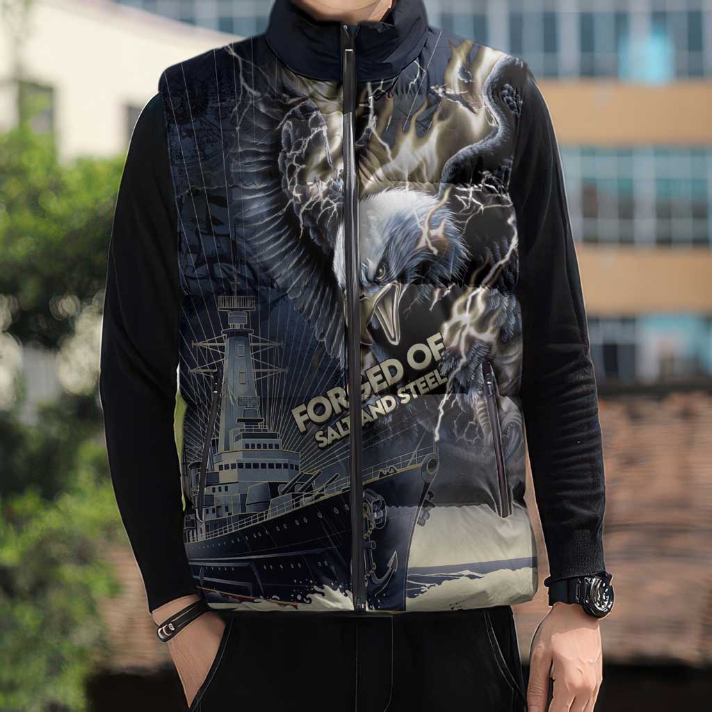 Navy Veteran 250th Anniversary Sleeveless Puffer Jacket Forged Of Salt And Steel - Wonder Print Shop