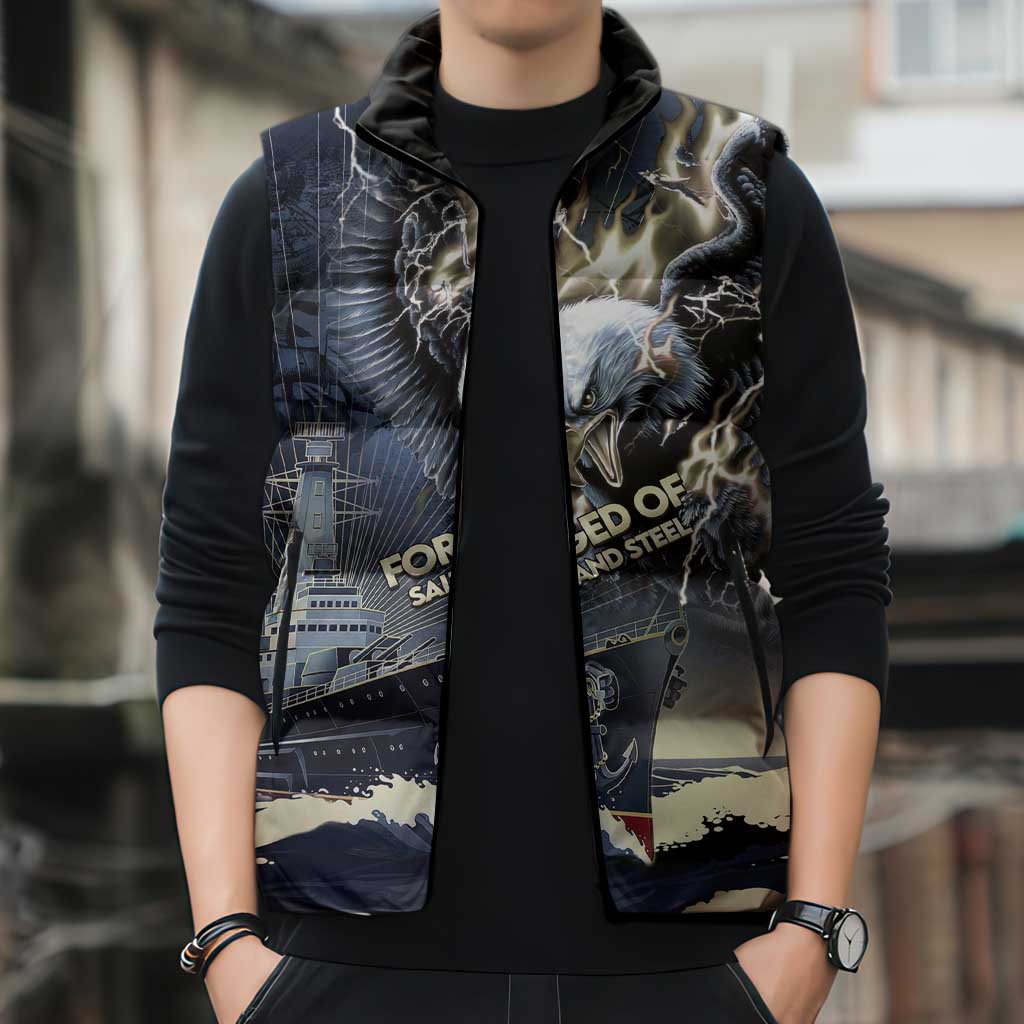 Navy Veteran 250th Anniversary Sleeveless Puffer Jacket Forged Of Salt And Steel - Wonder Print Shop