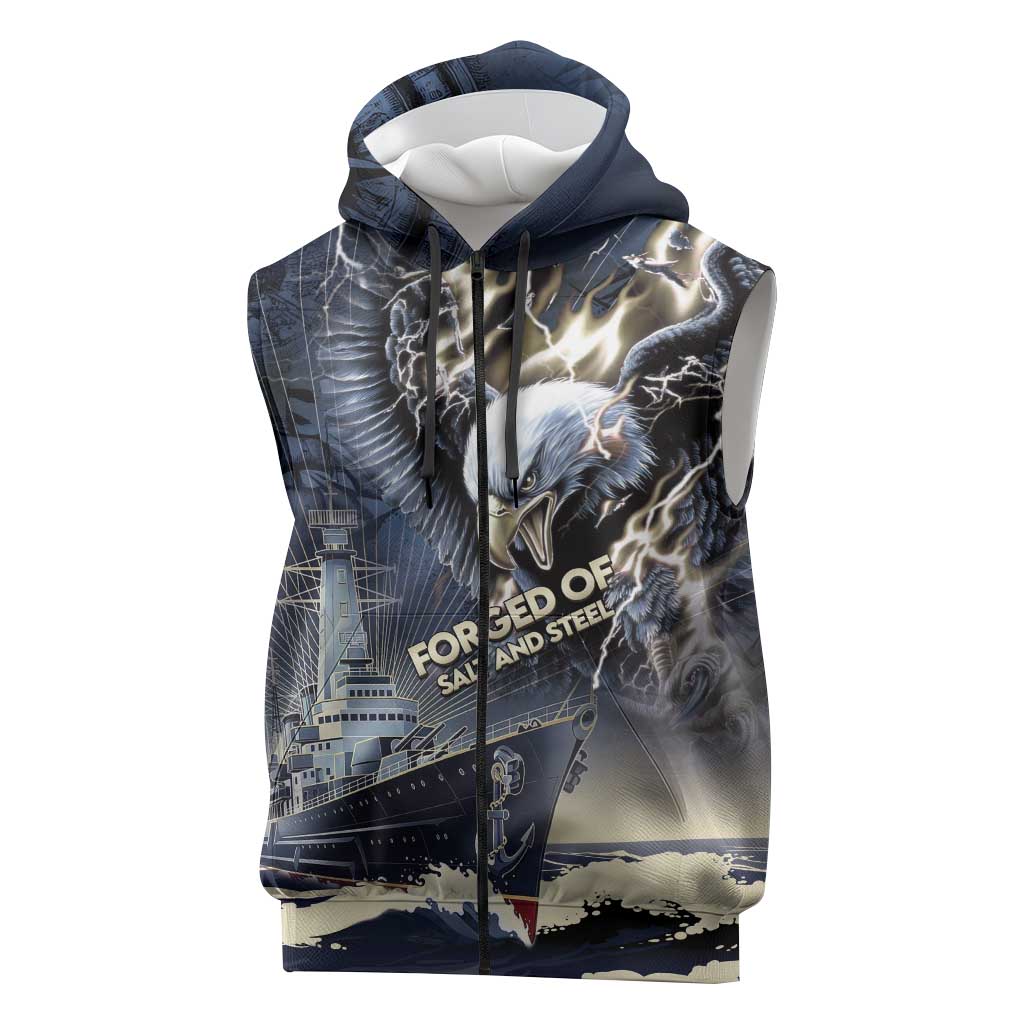 Navy Veteran 250th Anniversary Sleeveless Zip Hoodie Forged Of Salt And Steel - Wonder Print Shop