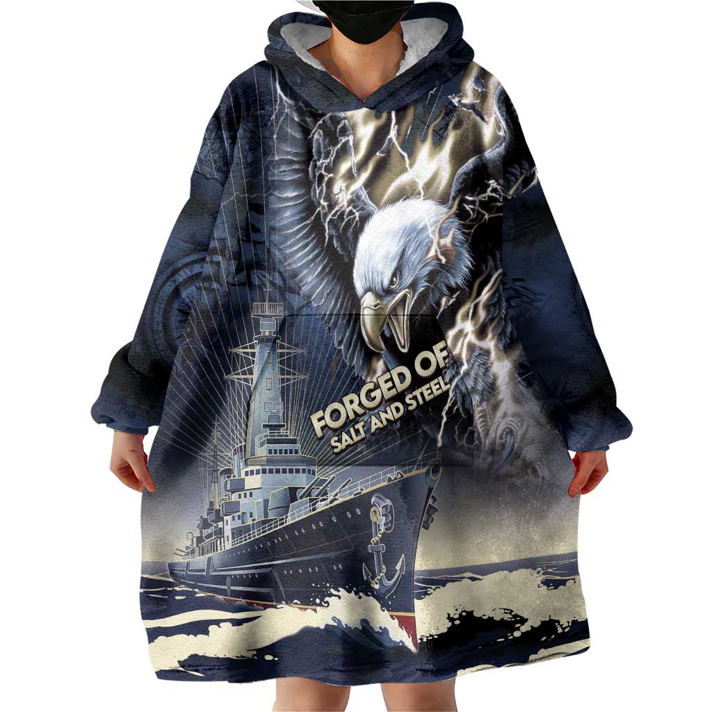 Navy Veteran 250th Anniversary Wearable Blanket Hoodie Forged Of Salt And Steel - Wonder Print Shop
