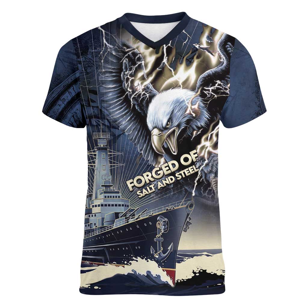 Navy Veteran 250th Anniversary Women V-Neck T-Shirt Forged Of Salt And Steel - Wonder Print Shop