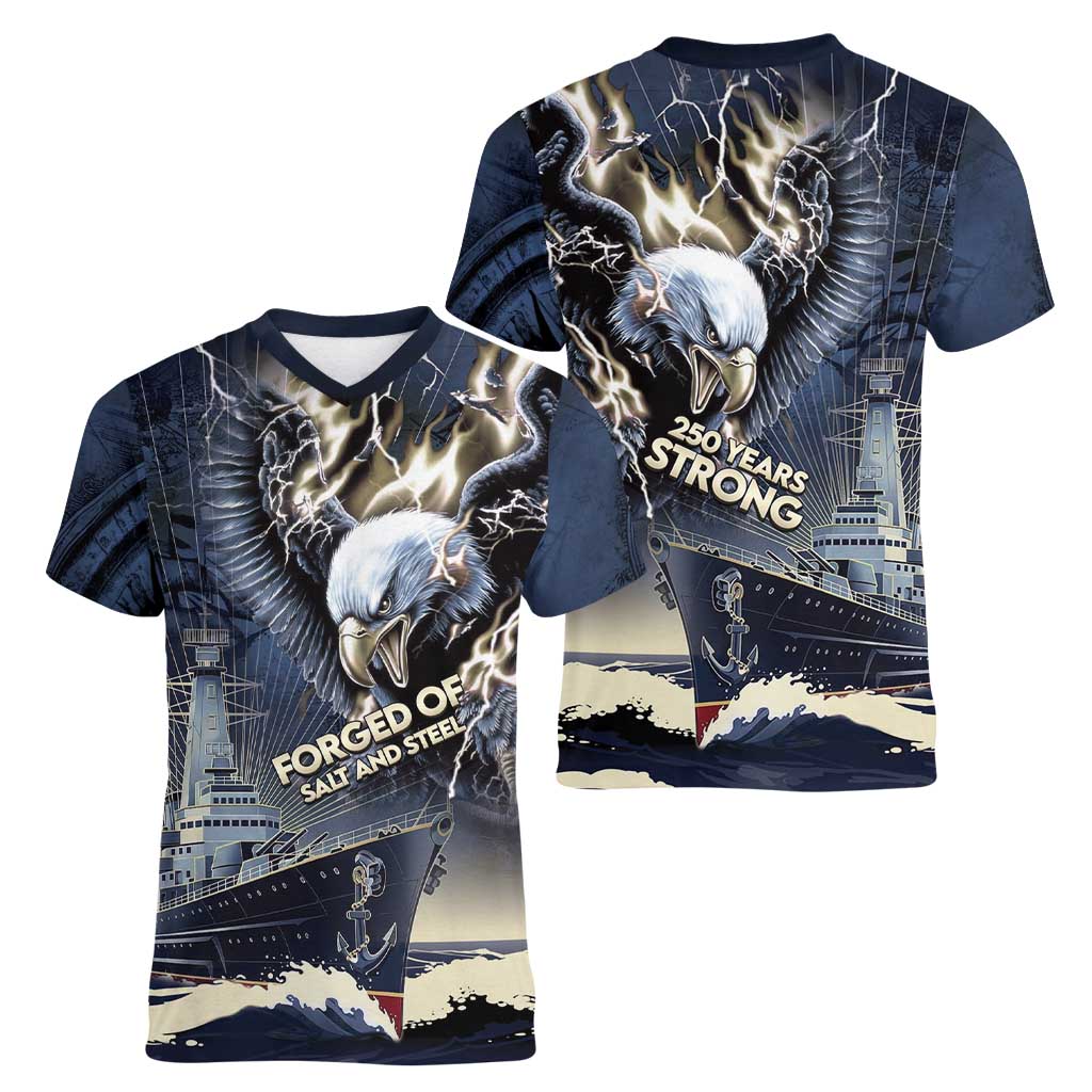 Navy Veteran 250th Anniversary Women V-Neck T-Shirt Forged Of Salt And Steel - Wonder Print Shop