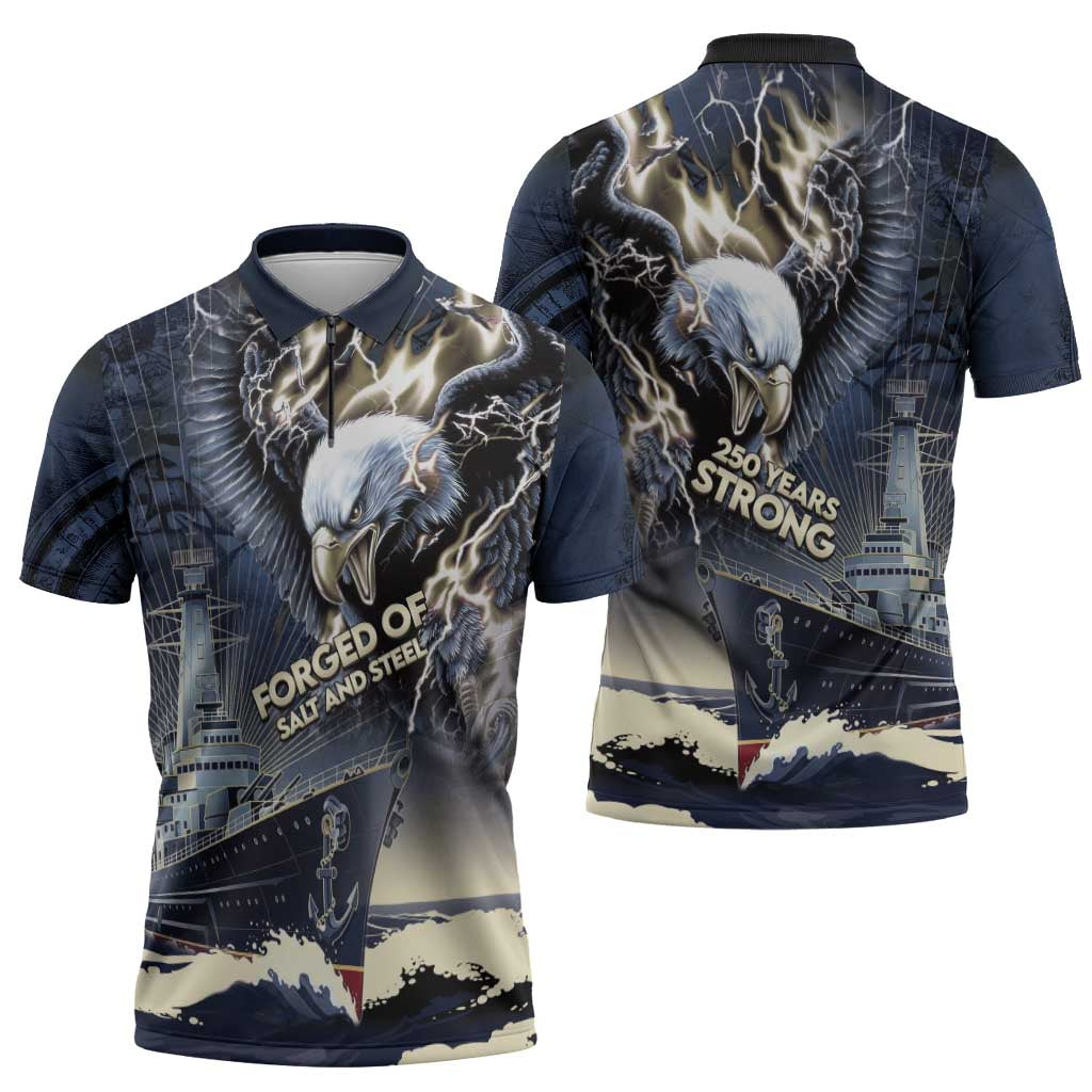 Navy Veteran 250th Anniversary Zipper Polo Shirt Forged Of Salt And Steel - Wonder Print Shop