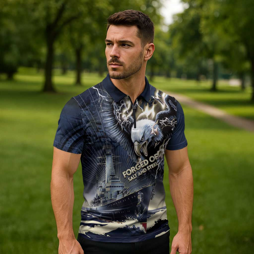 Navy Veteran 250th Anniversary Zipper Polo Shirt Forged Of Salt And Steel - Wonder Print Shop