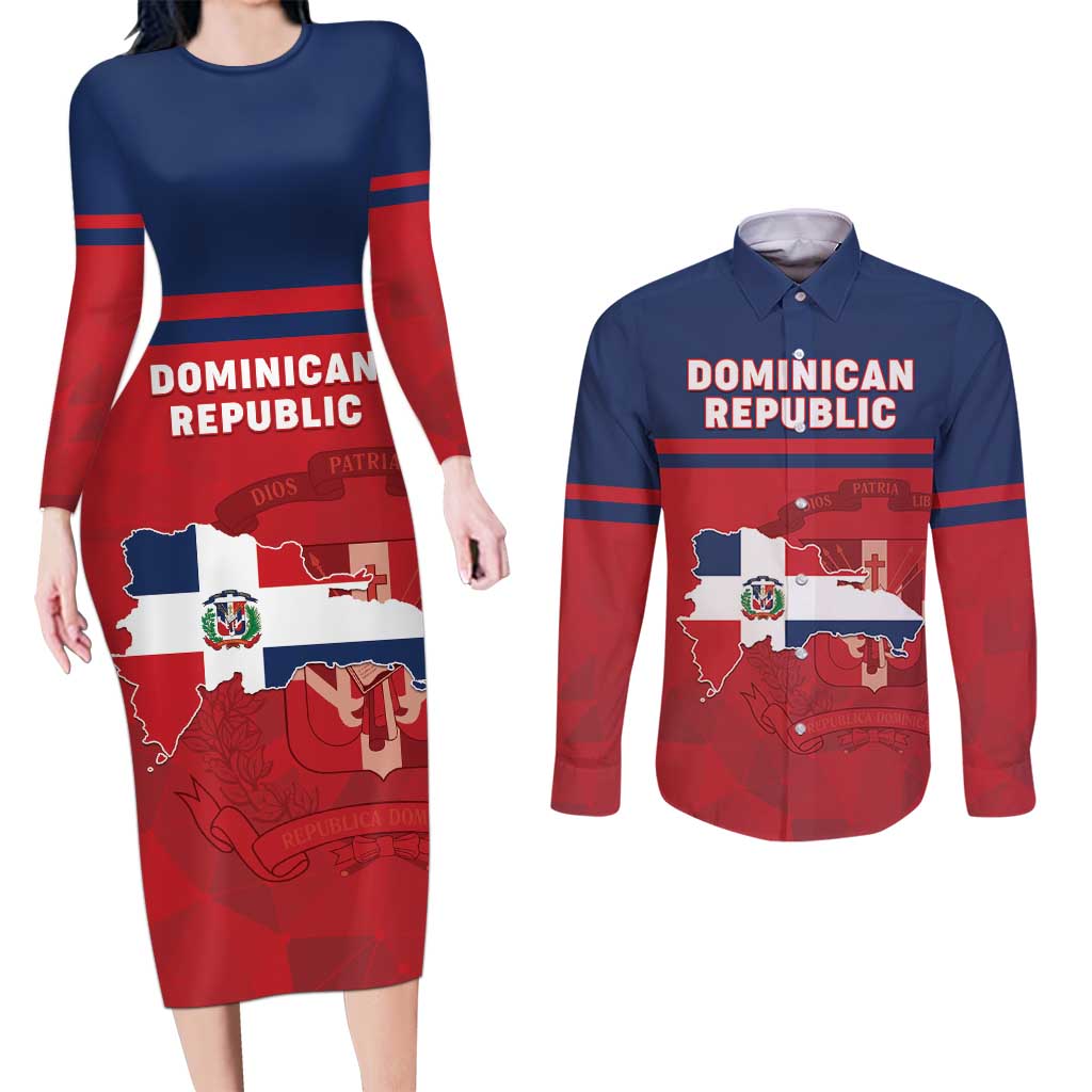 Personalized Dominican Republic Couples Matching Long Sleeve Bodycon Dress and Long Sleeve Button Shirt Dominicana Flag Map