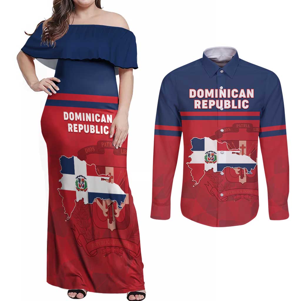 Personalized Dominican Republic Couples Matching Off Shoulder Maxi Dress and Long Sleeve Button Shirt Dominicana Flag Map