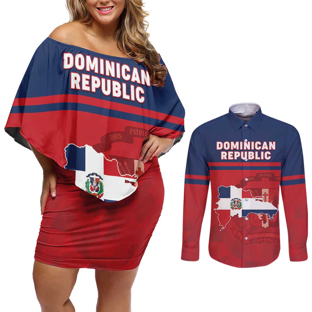 Personalized Dominican Republic Couples Matching Off Shoulder Short Dress and Long Sleeve Button Shirt Dominicana Flag Map