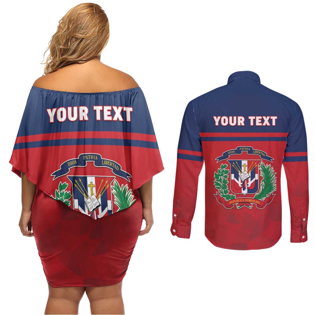 Personalized Dominican Republic Couples Matching Off Shoulder Short Dress and Long Sleeve Button Shirt Dominicana Flag Map