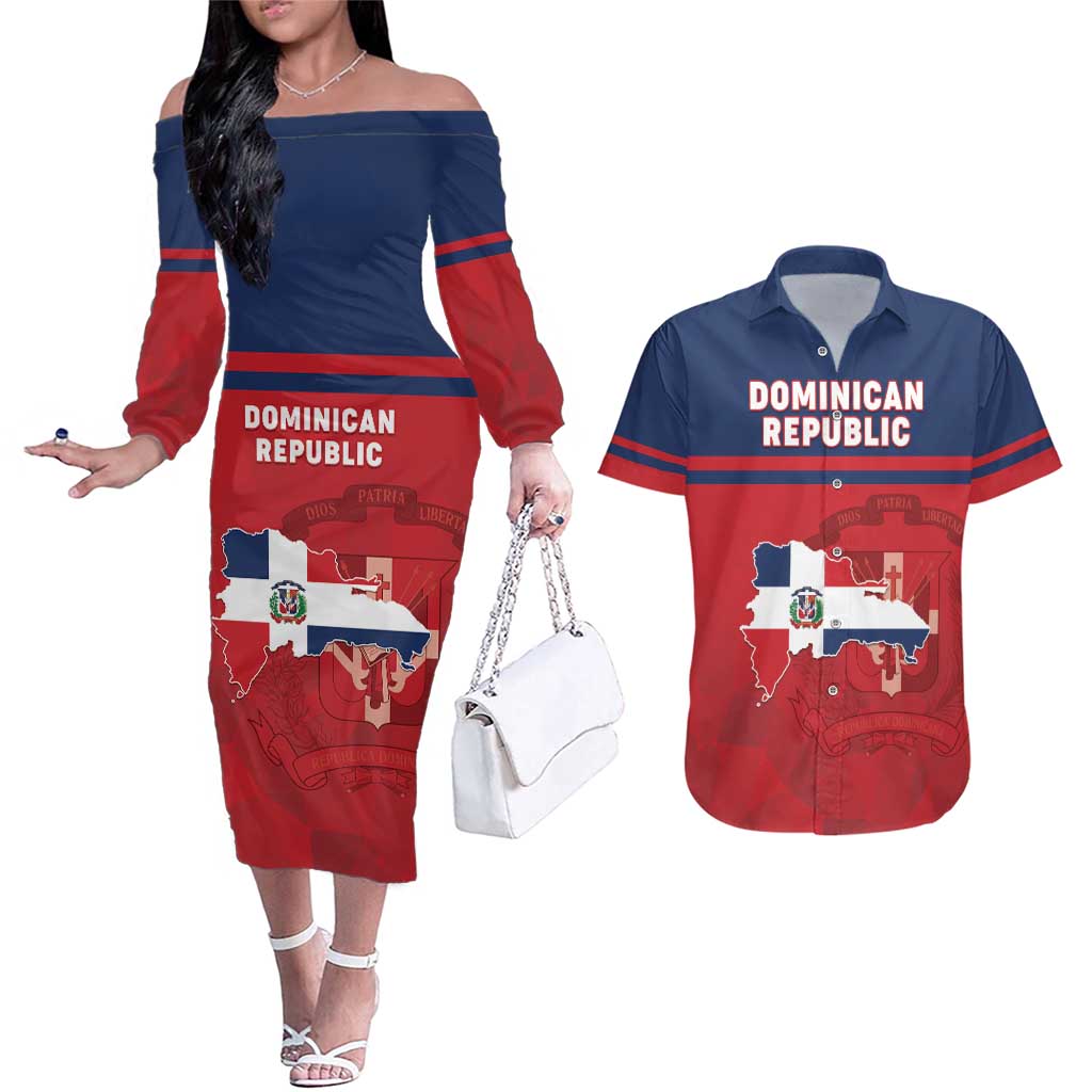 Personalized Dominican Republic Couples Matching Off The Shoulder Long Sleeve Dress and Hawaiian Shirt Dominicana Flag Map