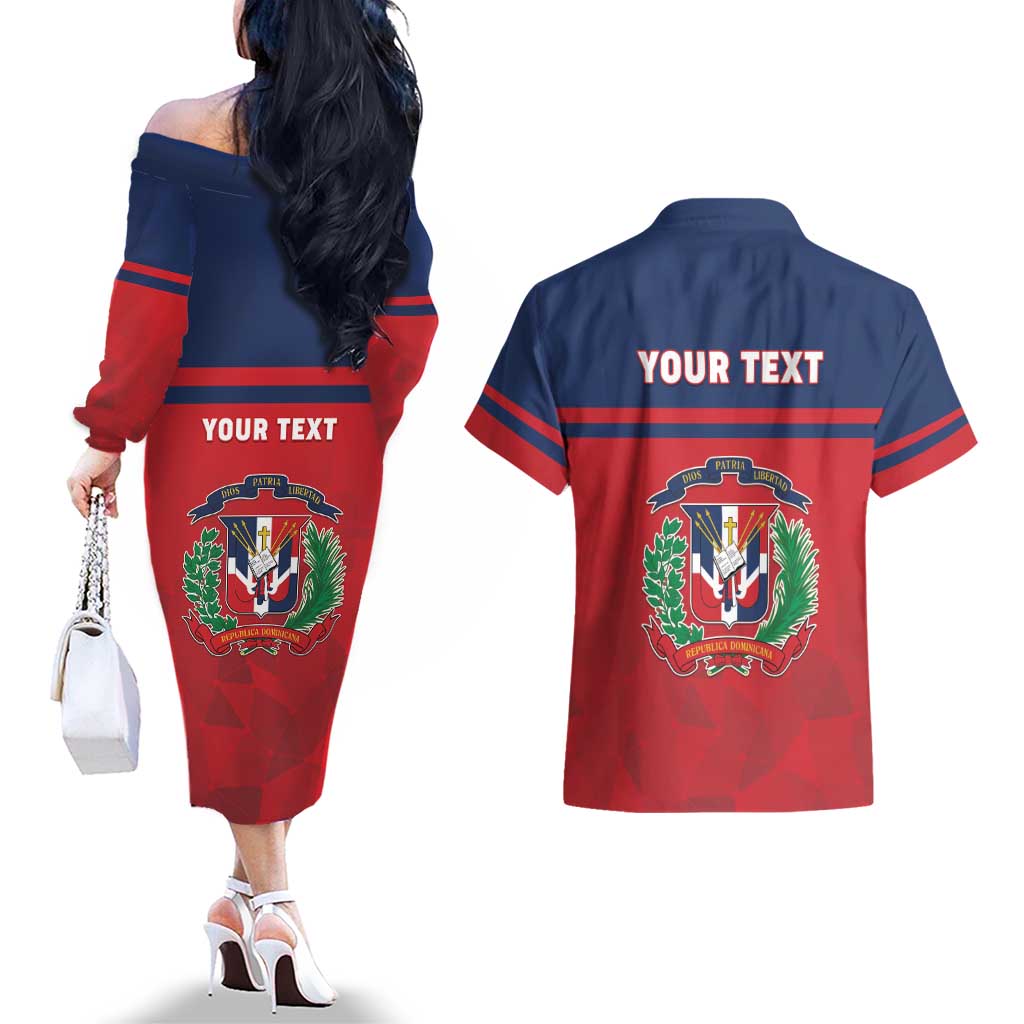 Personalized Dominican Republic Couples Matching Off The Shoulder Long Sleeve Dress and Hawaiian Shirt Dominicana Flag Map