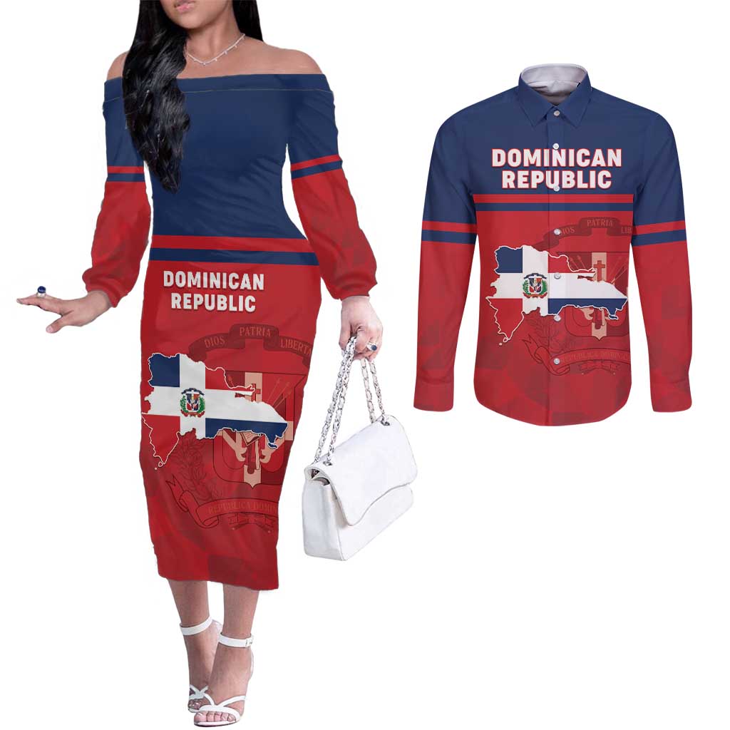 Personalized Dominican Republic Couples Matching Off The Shoulder Long Sleeve Dress and Long Sleeve Button Shirt Dominicana Flag Map