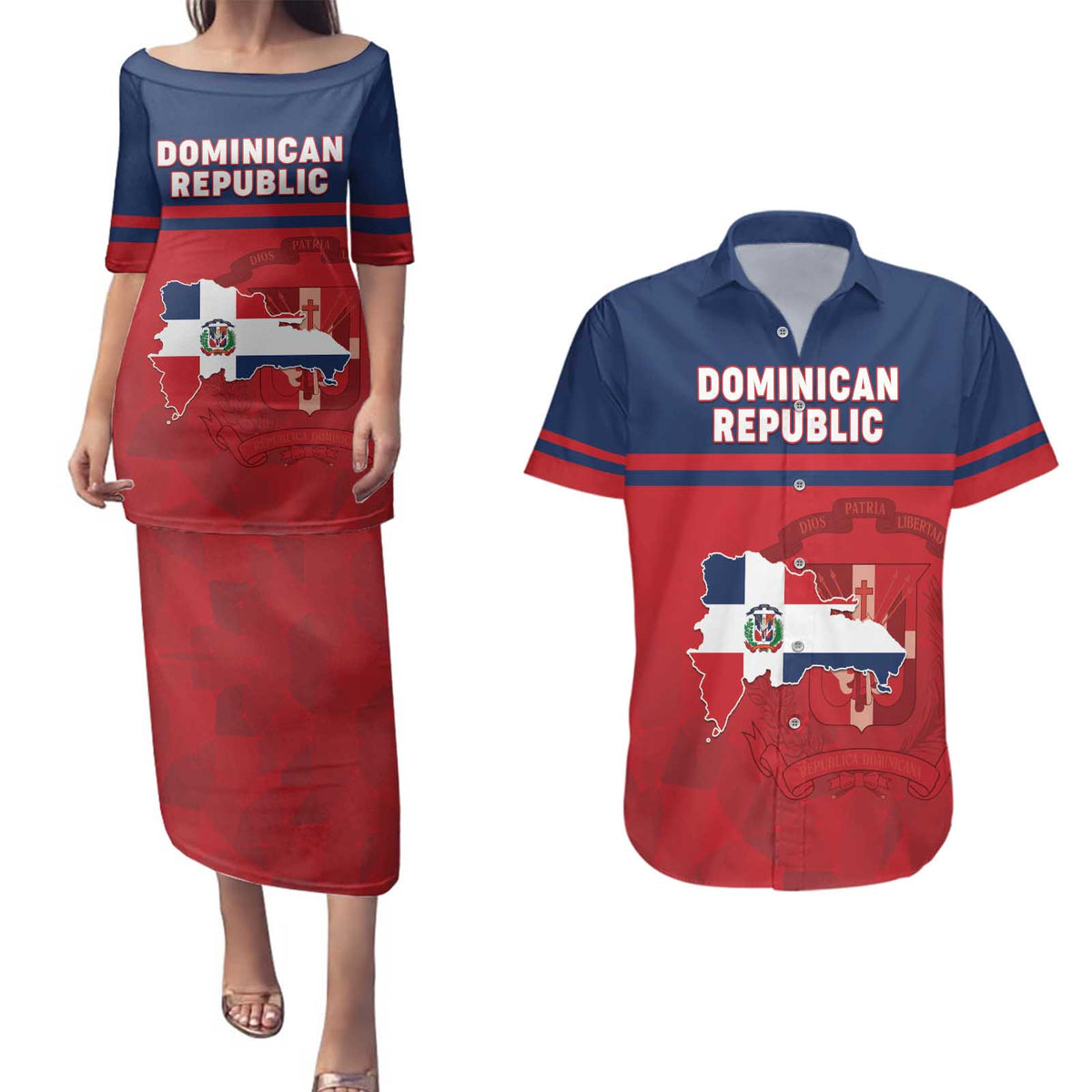 Personalized Dominican Republic Couples Matching Puletasi and Hawaiian Shirt Dominicana Flag Map