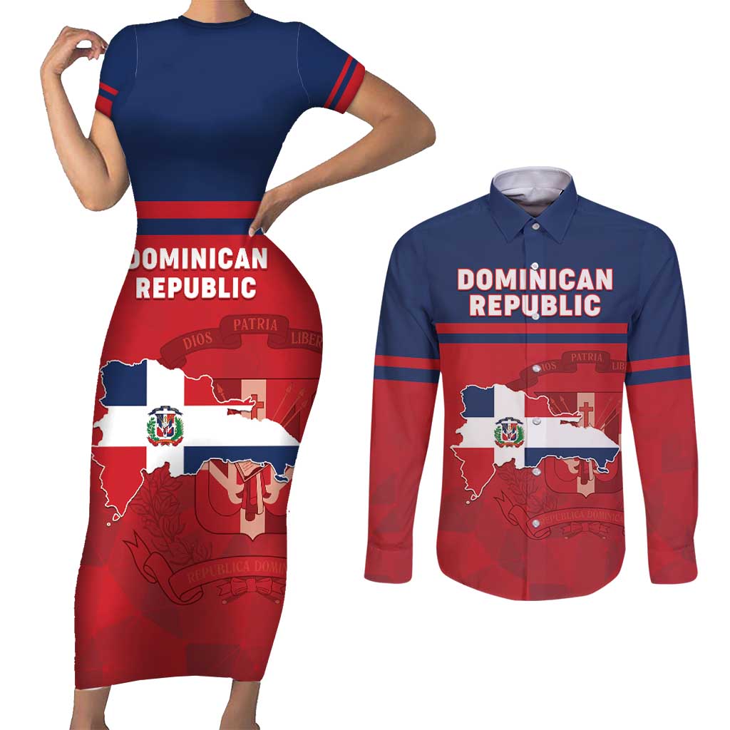 Personalized Dominican Republic Couples Matching Short Sleeve Bodycon Dress and Long Sleeve Button Shirt Dominicana Flag Map