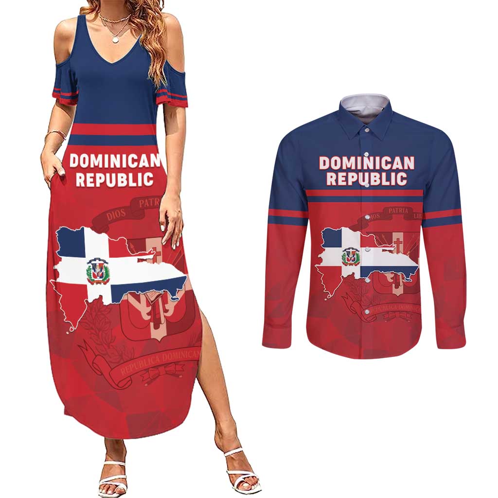 Personalized Dominican Republic Couples Matching Summer Maxi Dress and Long Sleeve Button Shirt Dominicana Flag Map
