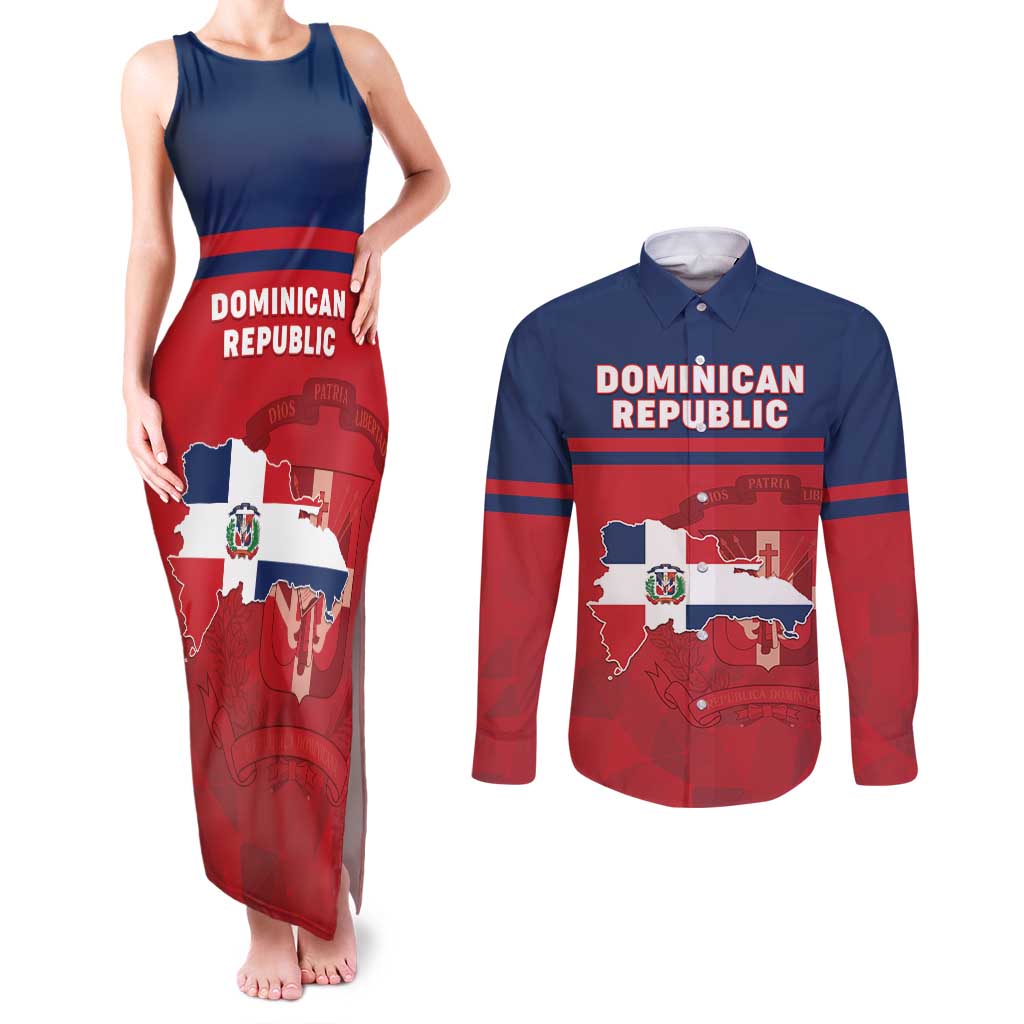 Personalized Dominican Republic Couples Matching Tank Maxi Dress and Long Sleeve Button Shirt Dominicana Flag Map