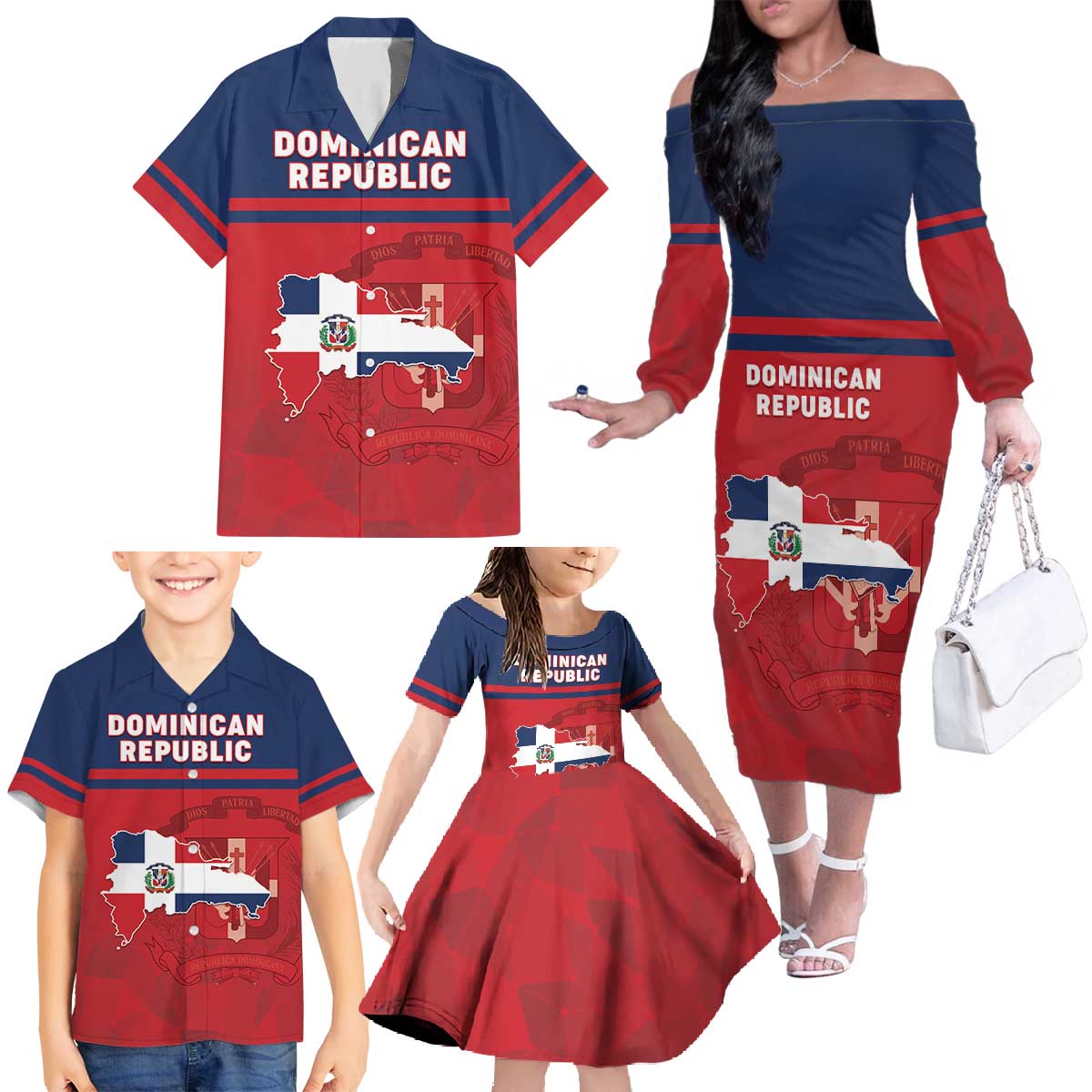 Personalized Dominican Republic Family Matching Off The Shoulder Long Sleeve Dress and Hawaiian Shirt Dominicana Flag Map