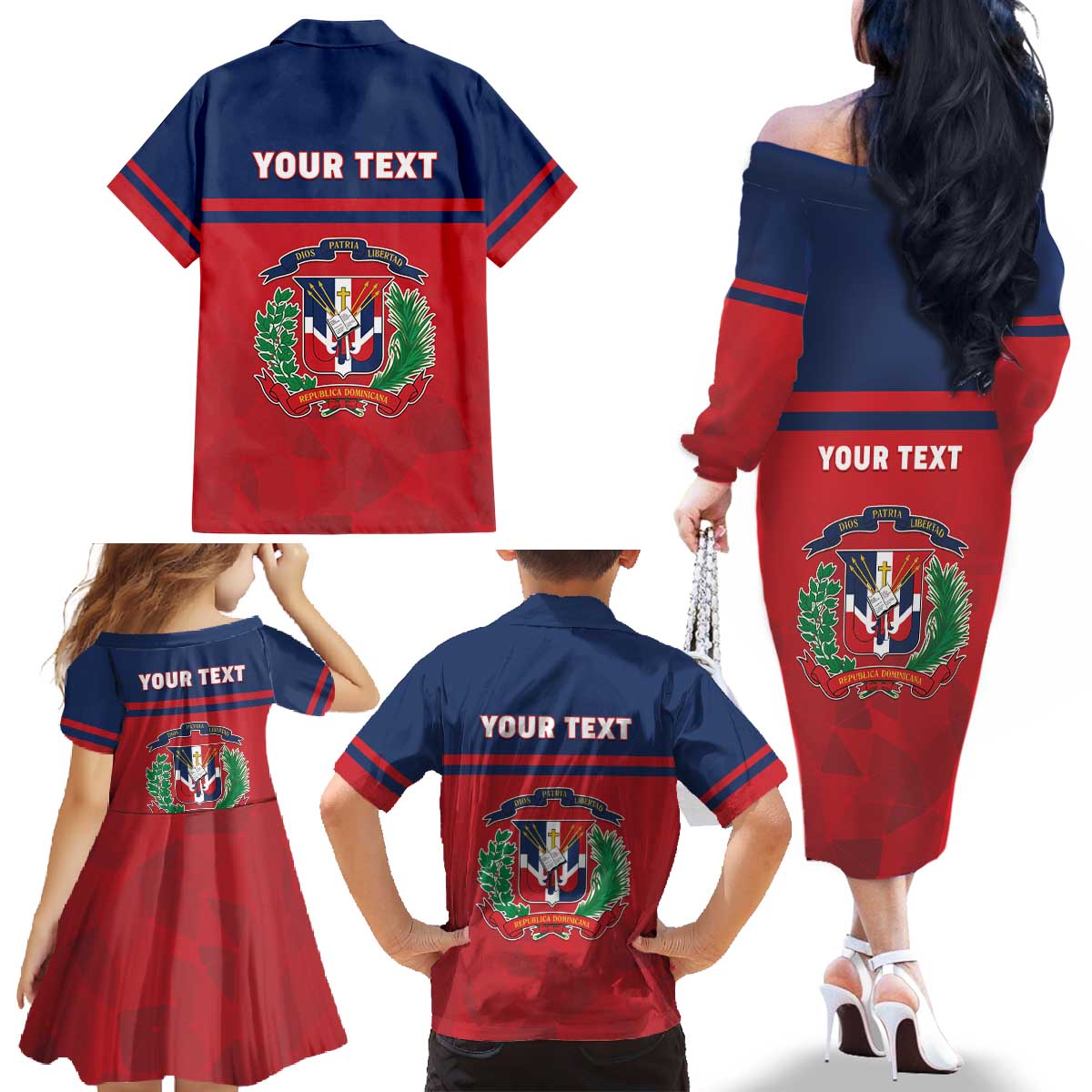 Personalized Dominican Republic Family Matching Off The Shoulder Long Sleeve Dress and Hawaiian Shirt Dominicana Flag Map