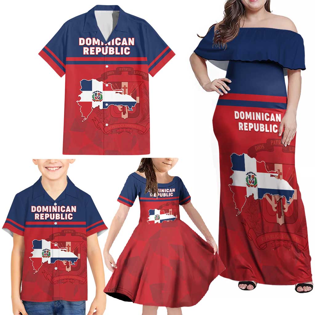 Personalized Dominican Republic Family Matching Off Shoulder Maxi Dress and Hawaiian Shirt Dominicana Flag Map