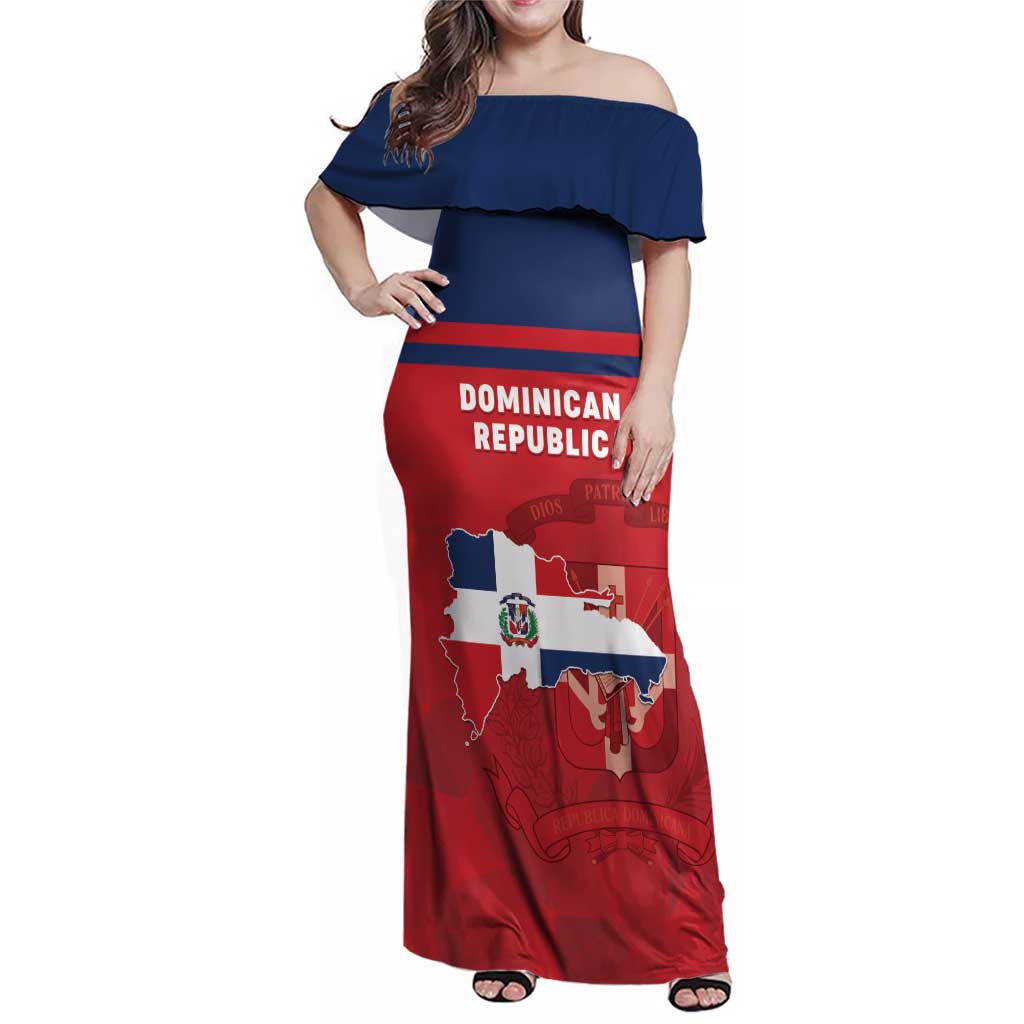 Personalized Dominican Republic Family Matching Off Shoulder Maxi Dress and Hawaiian Shirt Dominicana Flag Map