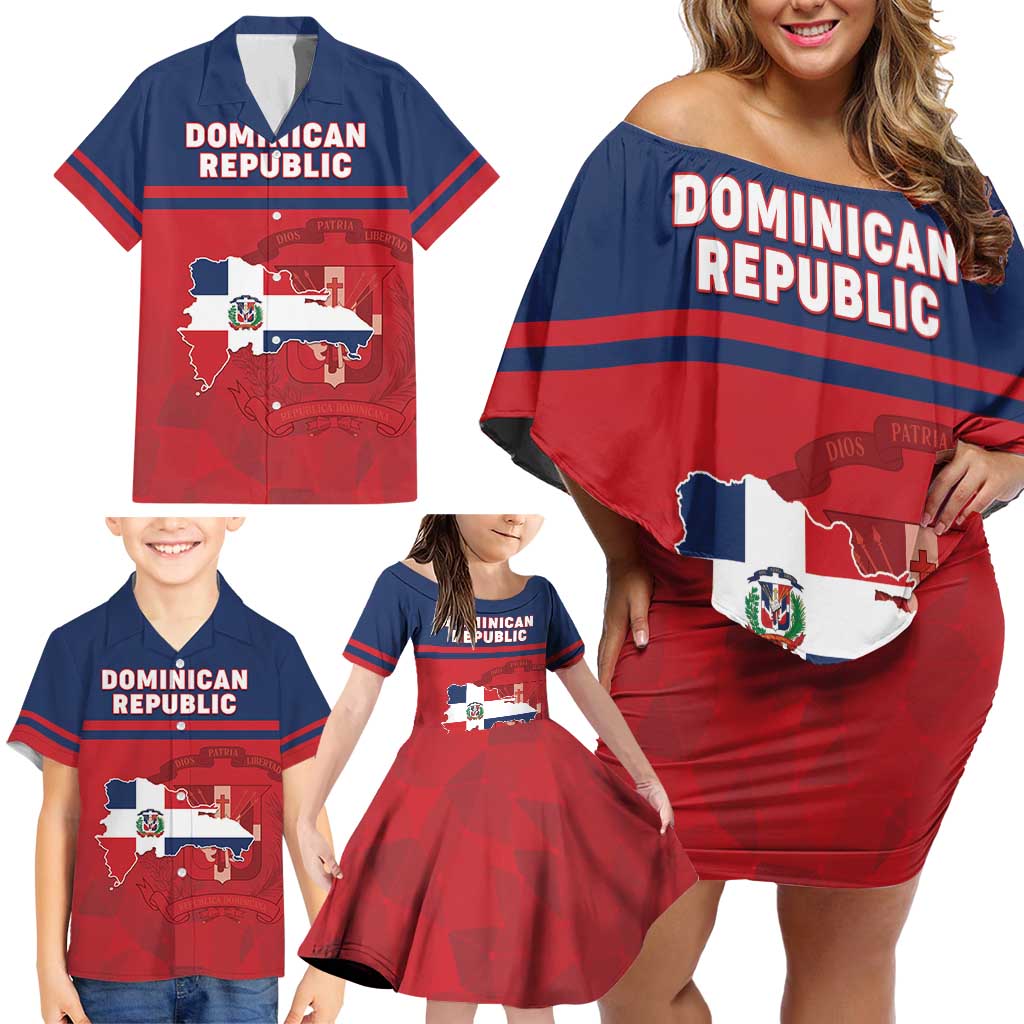Personalized Dominican Republic Family Matching Off Shoulder Short Dress and Hawaiian Shirt Dominicana Flag Map