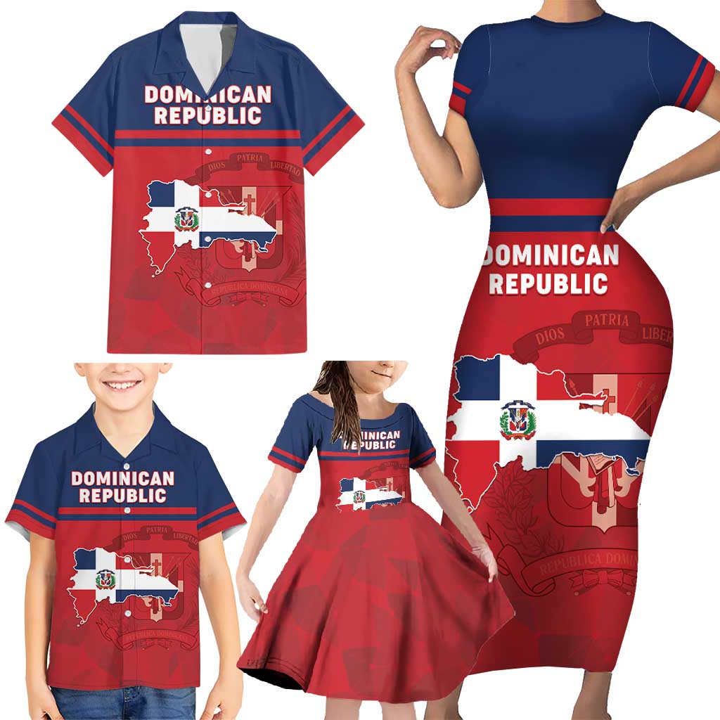Personalized Dominican Republic Family Matching Short Sleeve Bodycon Dress and Hawaiian Shirt Dominicana Flag Map