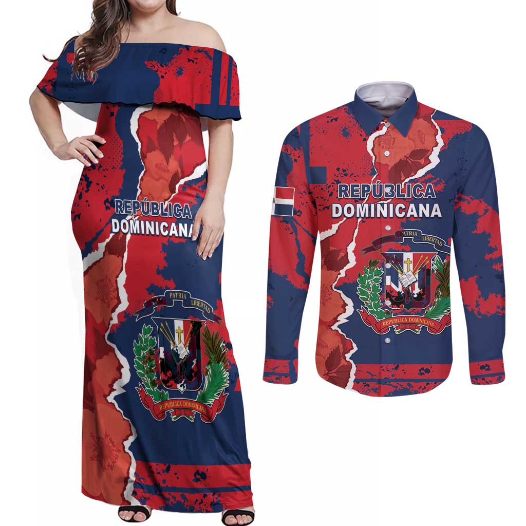 Personalized Dominican Republic Couples Matching Off Shoulder Maxi Dress and Long Sleeve Button Shirt Bayahibe Rose Unique Style