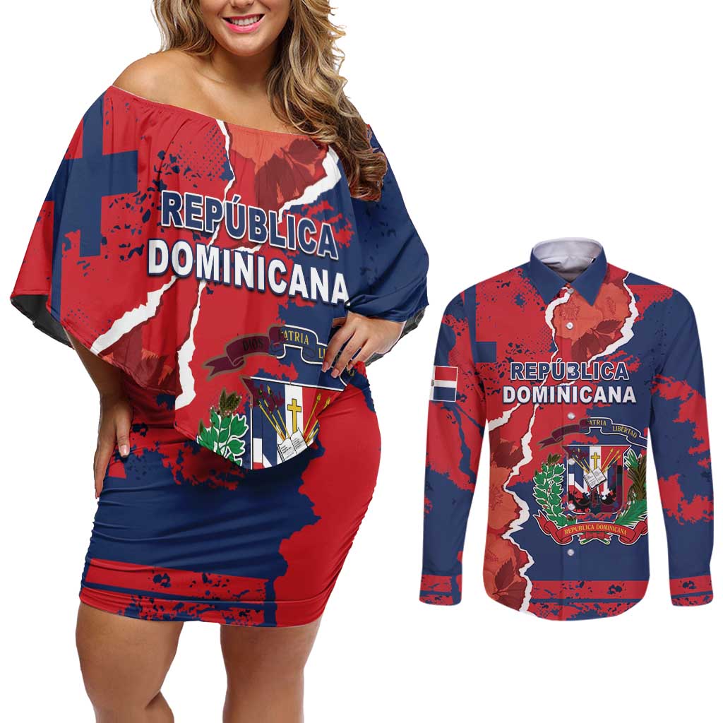 Personalized Dominican Republic Couples Matching Off Shoulder Short Dress and Long Sleeve Button Shirt Bayahibe Rose Unique Style