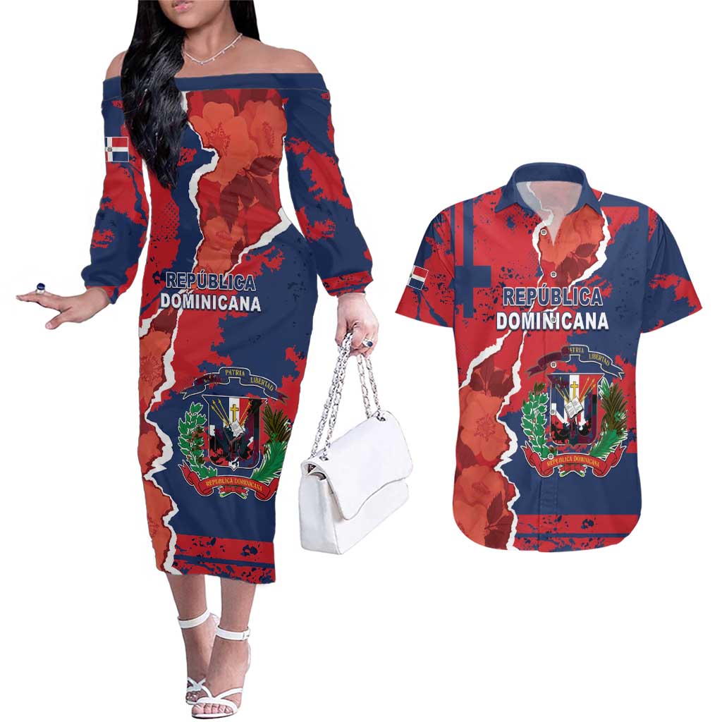 Personalized Dominican Republic Couples Matching Off The Shoulder Long Sleeve Dress and Hawaiian Shirt Bayahibe Rose Unique Style