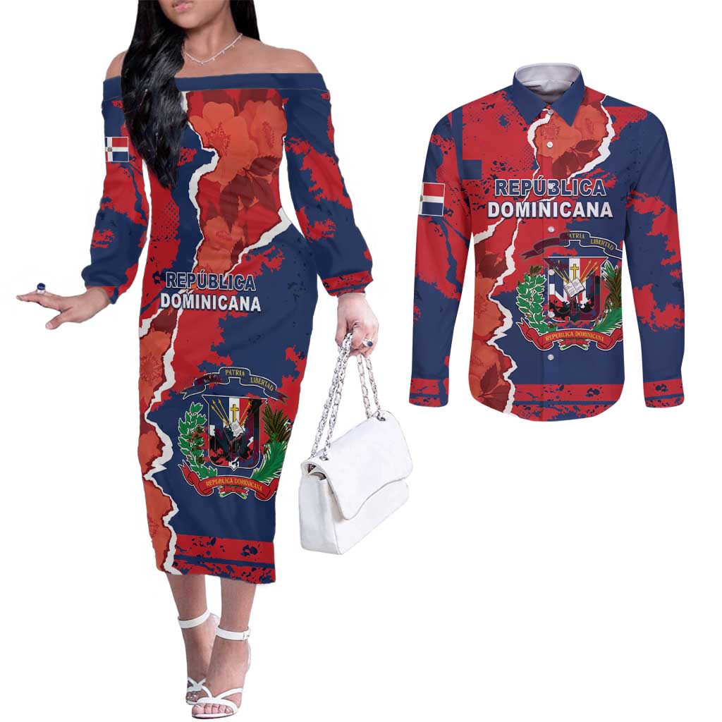 Personalized Dominican Republic Couples Matching Off The Shoulder Long Sleeve Dress and Long Sleeve Button Shirt Bayahibe Rose Unique Style