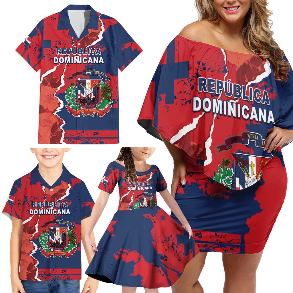 Personalized Dominican Republic Family Matching Off Shoulder Short Dress and Hawaiian Shirt Bayahibe Rose Unique Style