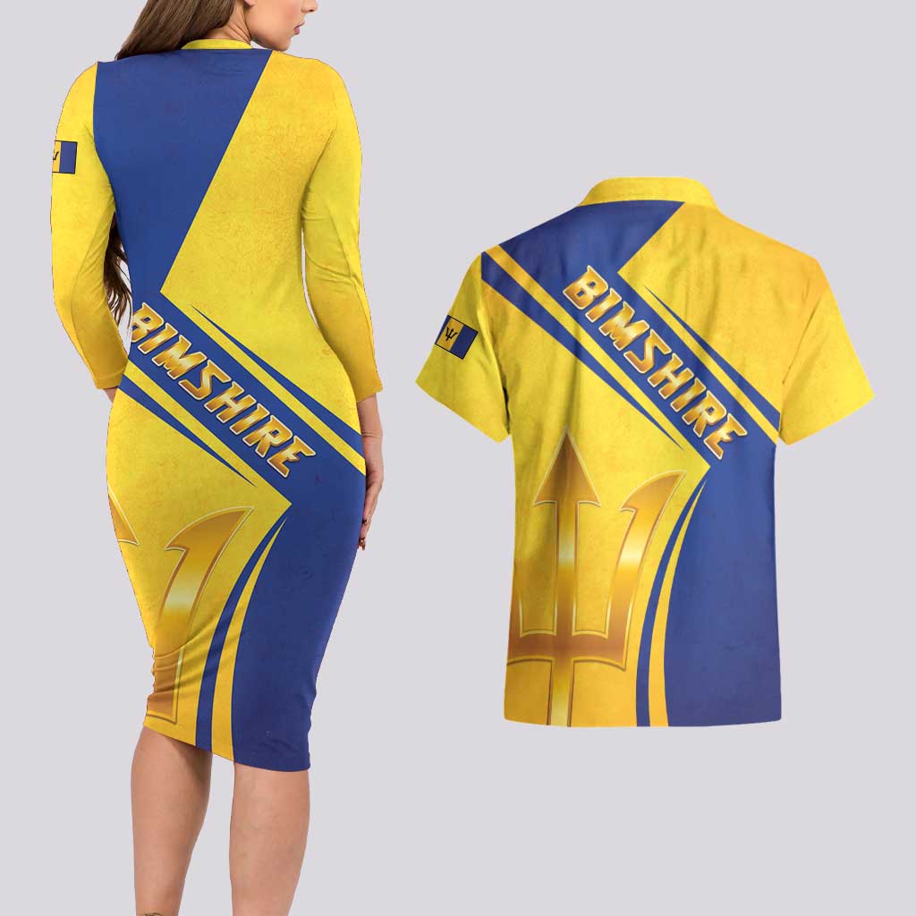 Barbados Gold Trident Couples Matching Long Sleeve Bodycon Dress and Hawaiian Shirt With Coat Of Arms