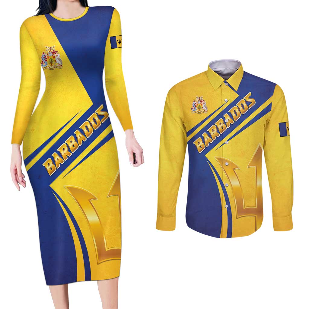 Barbados Gold Trident Couples Matching Long Sleeve Bodycon Dress and Long Sleeve Button Shirt With Coat Of Arms