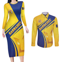 Barbados Gold Trident Couples Matching Long Sleeve Bodycon Dress and Long Sleeve Button Shirt With Coat Of Arms